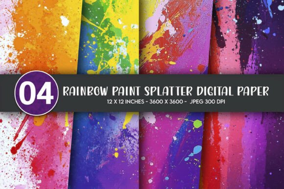 Rainbow Paint Splatter Digital Paper: Vibrant Design Asset
