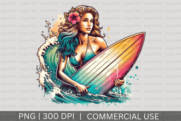 Summer Retro Girl Surfer PNG Clipart for Designers